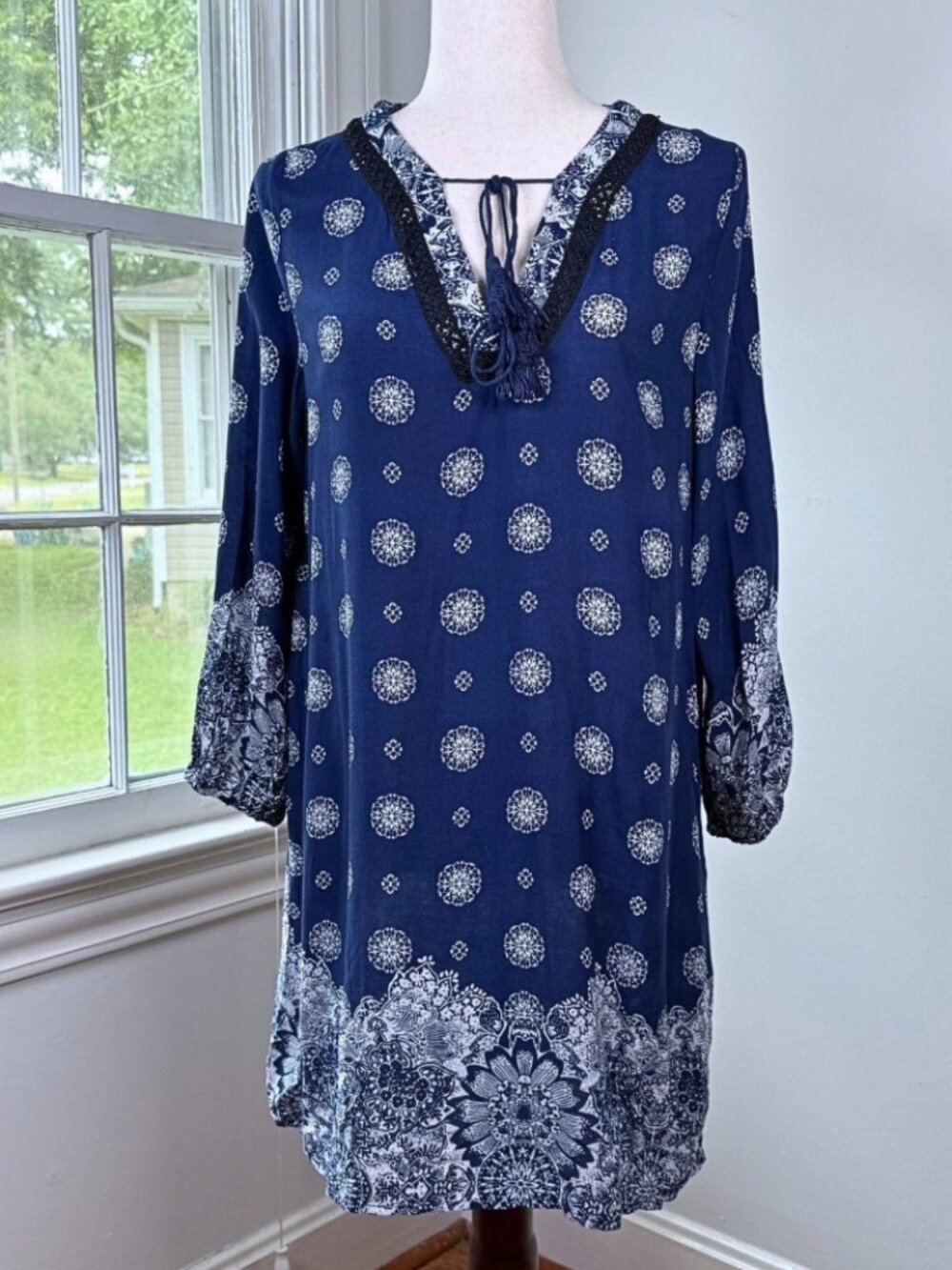 Navy Blue Medallion Print Long Sleeve Boho Tunic Dress XL Hua Lan Peasant Aline